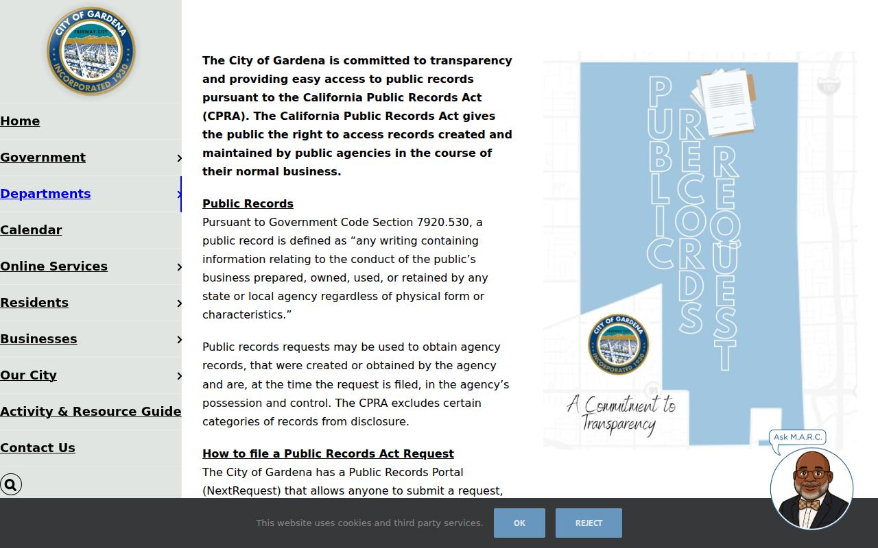 Gardena residents directory City Clerk public records request