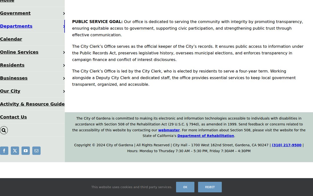 Gardena ZIP code directory City Clerk records routing
